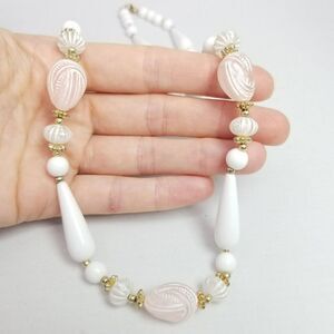 Vintage White and Light Pink Mixed Shape Beaded Necklace, Plastic Nice Length